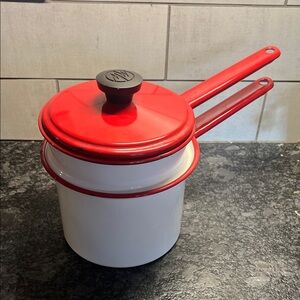 Vintage Red and White Enamel Double boiler with Lid Retro. MCM kitchen Farmhouse